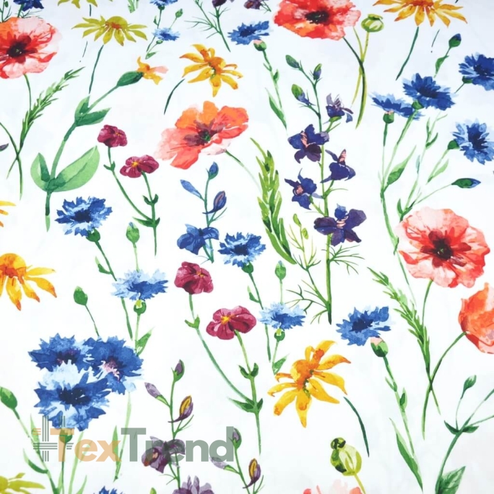 Baumwoll-Satin gemustert Kornblumen und Mohnblumen marineblau-rot auf weißem Hintergrund  