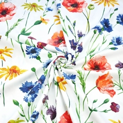 Baumwoll-Satin gemustert Kornblumen und Mohnblumen marineblau-rot auf weißem Hintergrund  