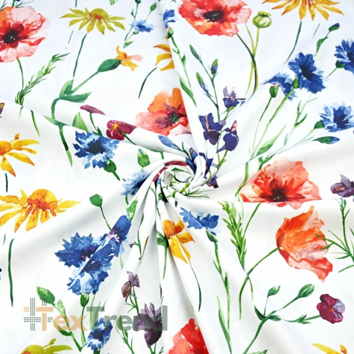 Baumwoll-Satin gemustert Kornblumen und Mohnblumen marineblau-rot auf weißem Hintergrund  