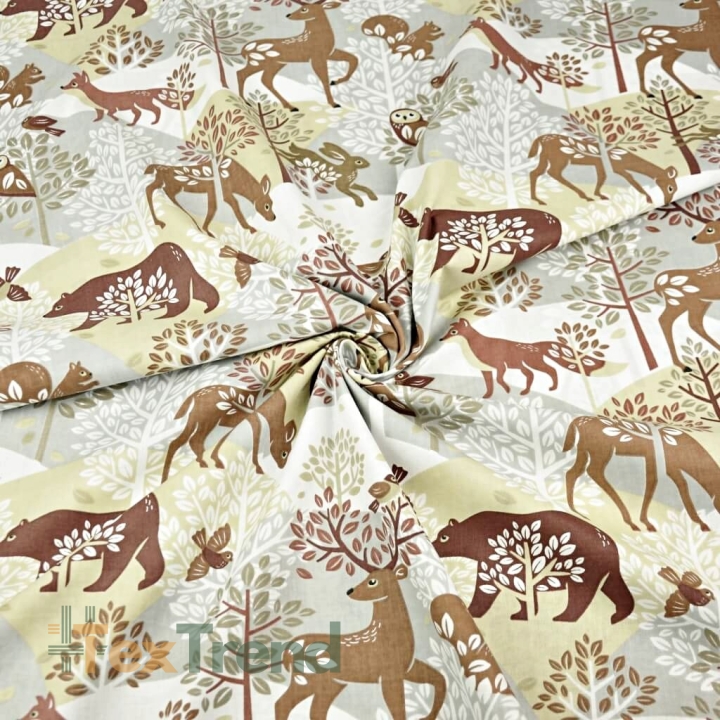 Baumwolle 100% Tiere Bären und Rehe beige-grau  