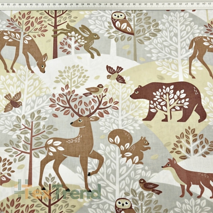 Baumwolle 100% Tiere Bären und Rehe beige-grau  