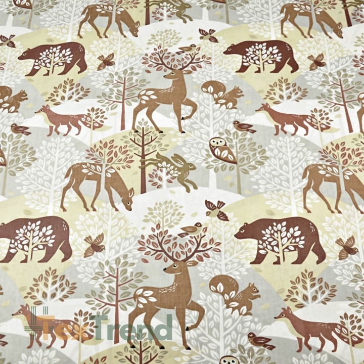 Baumwolle 100% Tiere Bären und Rehe beige-grau  