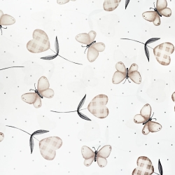 Baumwolle 100% Herzchen mit beigen Schmetterlingen auf weißem Hintergrund  