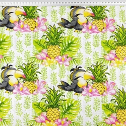 Baumwolle 100% Tukane mit Ananas auf weißem Hintergrund  