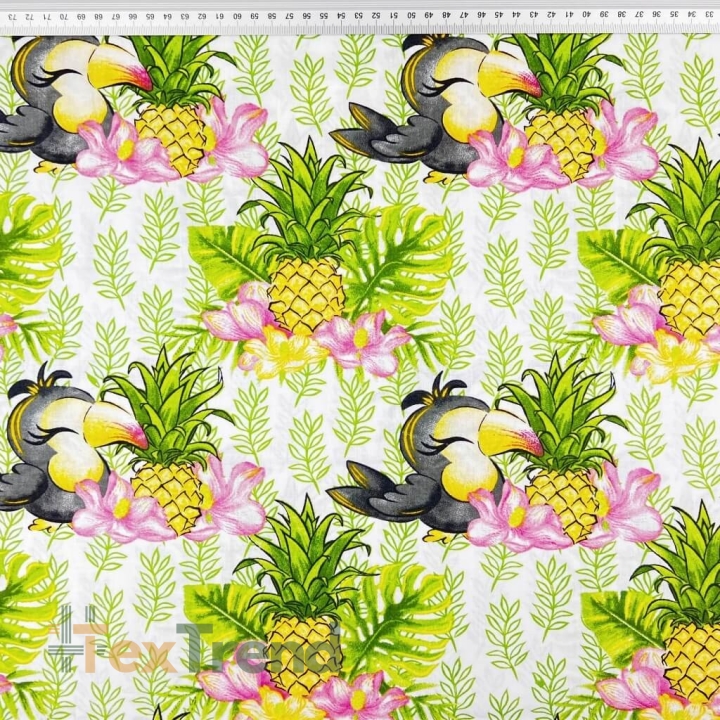 Baumwolle 100% Tukane mit Ananas auf weißem Hintergrund  