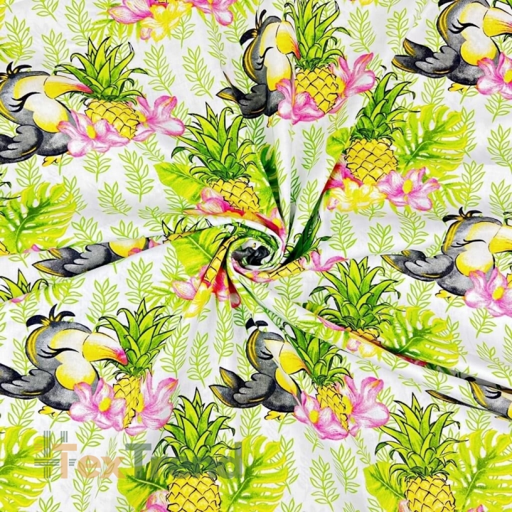 Baumwolle 100% Tukane mit Ananas auf weißem Hintergrund  