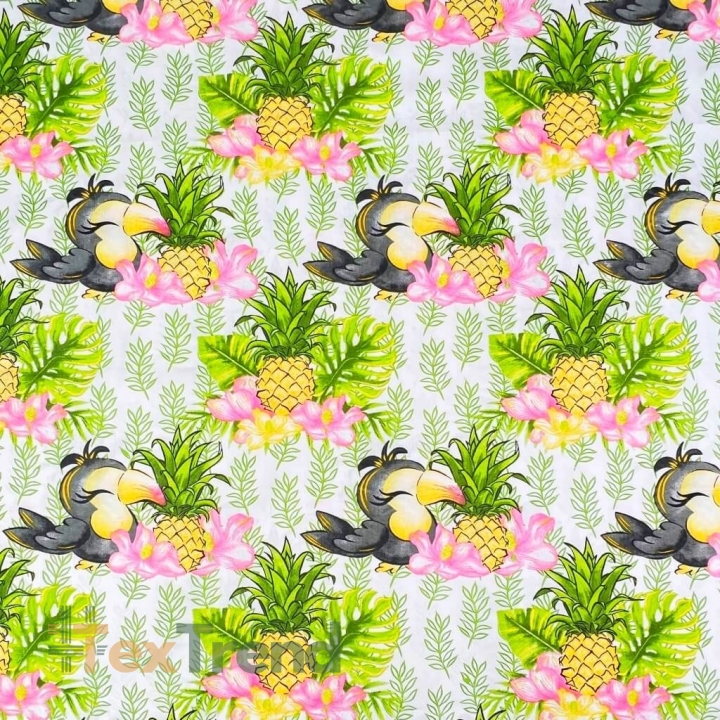 Baumwolle 100% Tukane mit Ananas auf weißem Hintergrund  