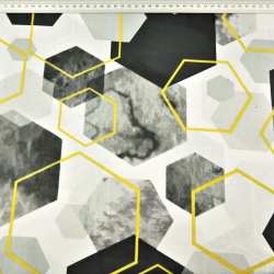 Baumwolle 100% geometrische Rauten grau-schwarz-gold auf weiß  