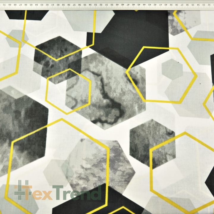 Baumwolle 100% geometrische Rauten grau-schwarz-gold auf weiß  