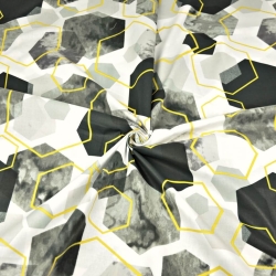 Baumwolle 100% geometrische Rauten grau-schwarz-gold auf weiß  