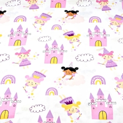 Baumwolle 100% Feen mit rosa Burgen auf weißem Hintergrund  