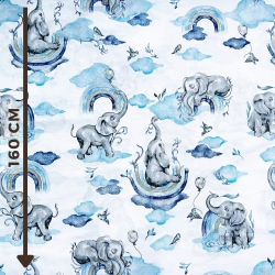 Baumwolle 100% Elefanten pastellblau mit Regenbogen auf weißem Hintergrund  