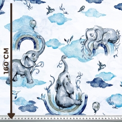 Baumwolle 100% Elefanten pastellblau mit Regenbogen auf weißem Hintergrund  