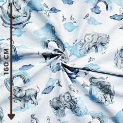 Baumwolle 100% Elefanten pastellblau mit Regenbogen auf weißem Hintergrund  