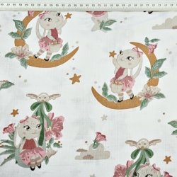 Baumwoll-Musselin mit rosa Hasen auf Monden auf weißem Hintergrund  