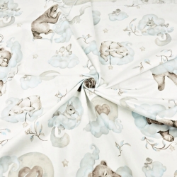 Baumwolle 100% schlafende Tiere mit Lebkuchen blau-grau auf weißem Hintergrund  