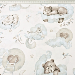 Baumwolle 100% schlafende Tiere mit Lebkuchen blau-grau auf weißem Hintergrund  