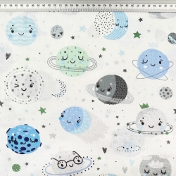 Baumwolle 100% Planeten Gesichter blau-grün auf weißem Hintergrund  