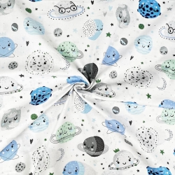 Baumwolle 100% Planeten Gesichter blau-grün auf weißem Hintergrund  