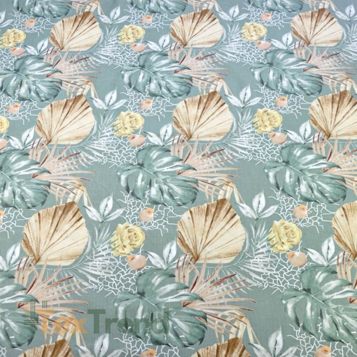 Baumwolle 100% Monstera-Blätter und Boho-Sträuße auf salbeigrünem Hintergrund  