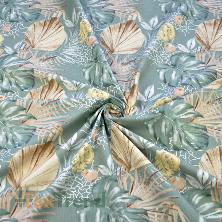 Baumwolle 100% Monstera-Blätter und Boho-Sträuße auf salbeigrünem Hintergrund  