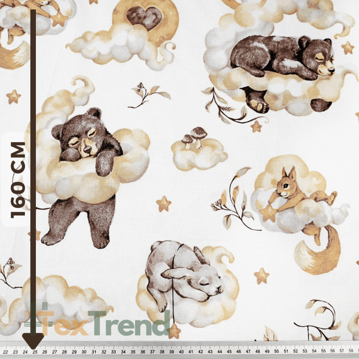 Baumwolle 100% schlafende Tiere mit Lebkuchen braun-beige auf weißem Hintergrund