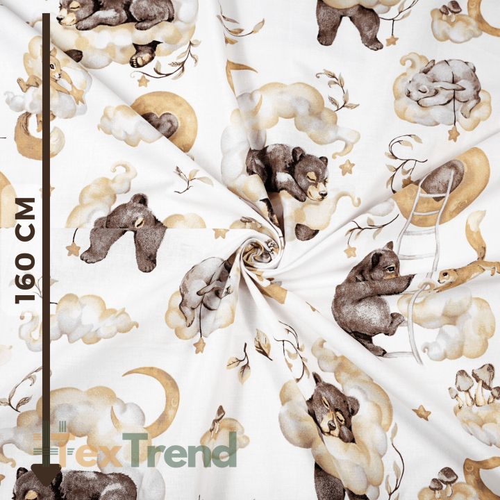 Baumwolle 100% schlafende Tiere mit Lebkuchen braun-beige auf weißem Hintergrund