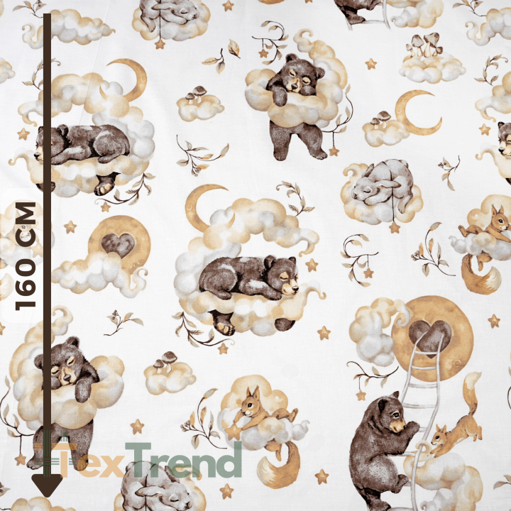 Baumwolle 100% schlafende Tiere mit Lebkuchen braun-beige auf weißem Hintergrund