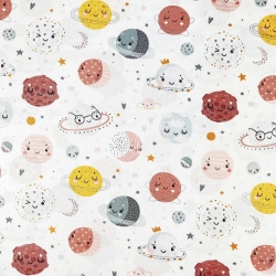 Baumwolle 100% Planeten Gesichter rosa-orange auf weißem Hintergrund  