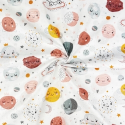 Baumwolle 100% Planeten Gesichter rosa-orange auf weißem Hintergrund  