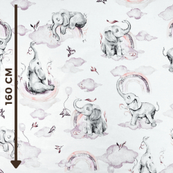 Baumwolle 100% pastellfarbene Elefanten rosa mit Regenbogen auf weißem Hintergrund  