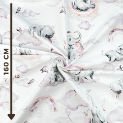 Baumwolle 100% pastellfarbene Elefanten rosa mit Regenbogen auf weißem Hintergrund  