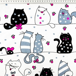 Baumwolle 100% verrückte Kätzchen in Streifen mit Amaranth auf weißem Hintergrund  