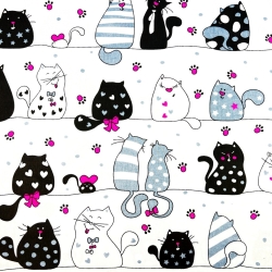 Baumwolle 100% verrückte Kätzchen in Streifen mit Amaranth auf weißem Hintergrund  