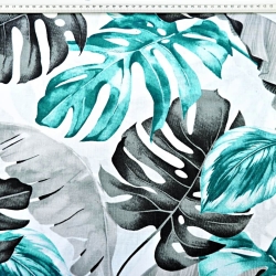 Baumwolle 100% Monstera- und Bananenblätter grau-türkis auf weißem Hintergrund  