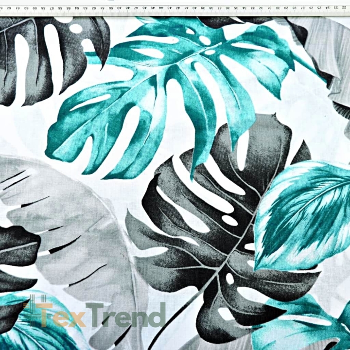 Baumwolle 100% Monstera- und Bananenblätter grau-türkis auf weißem Hintergrund  