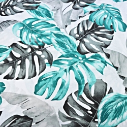 Baumwolle 100% Monstera- und Bananenblätter grau-türkis auf weißem Hintergrund  