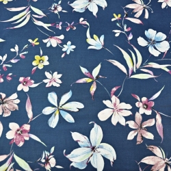 Baumwolle 100% Blumen mit Zweigen bunt auf dunkeljeansfarbenem Hintergrund  