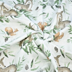 Baumwoll-Musselin mit Rehkitzen und Hasen mit grünen Blättern  