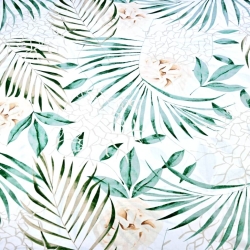 Baumwolle 100% grüne Blätter mit ecrufarbenen Blumen auf weißem Hintergrund  