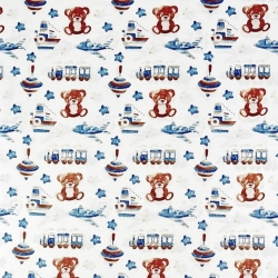 Baumwolle 100% Bären mit Kreisel blau-braun auf weißem Hintergrund  