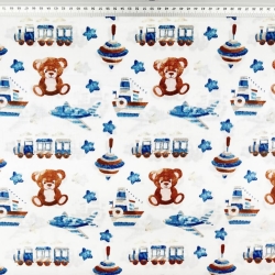 Baumwolle 100% Bären mit Kreisel blau-braun auf weißem Hintergrund  