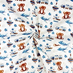 Baumwolle 100% Bären mit Kreisel blau-braun auf weißem Hintergrund  