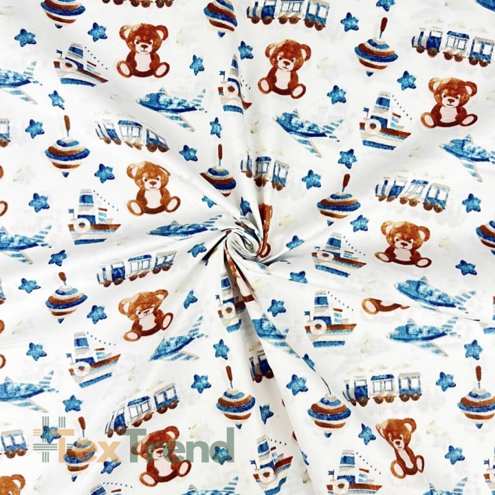 Baumwolle 100% Bären mit Kreisel blau-braun auf weißem Hintergrund  