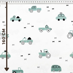 100% Baumwolle mit salbeigrünen Autos auf weißem Hintergrund  