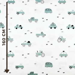 100% Baumwolle mit salbeigrünen Autos auf weißem Hintergrund  