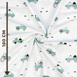100% Baumwolle mit salbeigrünen Autos auf weißem Hintergrund  
