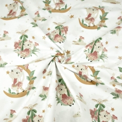 Baumwolle 100% Hasen auf braun-grünen Monden auf weißem Hintergrund  