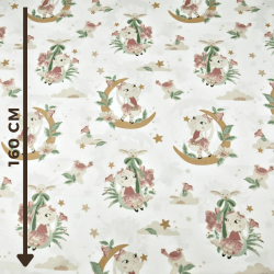 Baumwolle 100% Hasen auf braun-grünen Monden auf weißem Hintergrund  