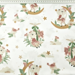 Baumwolle 100% Hasen auf braun-grünen Monden auf weißem Hintergrund  